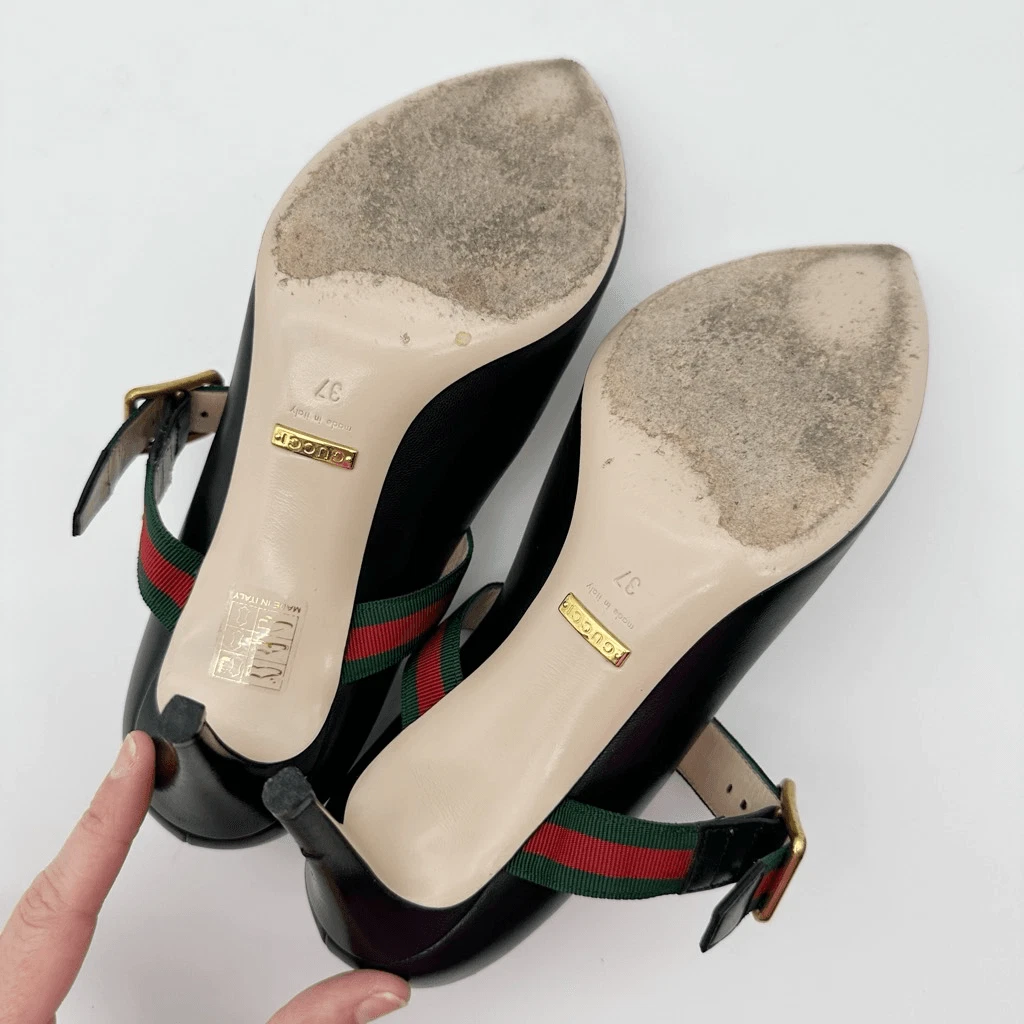 GUCCI Sylvie 黑色皮革高跟鞋 37 码 US 7 Web Mary Jane 扣带-