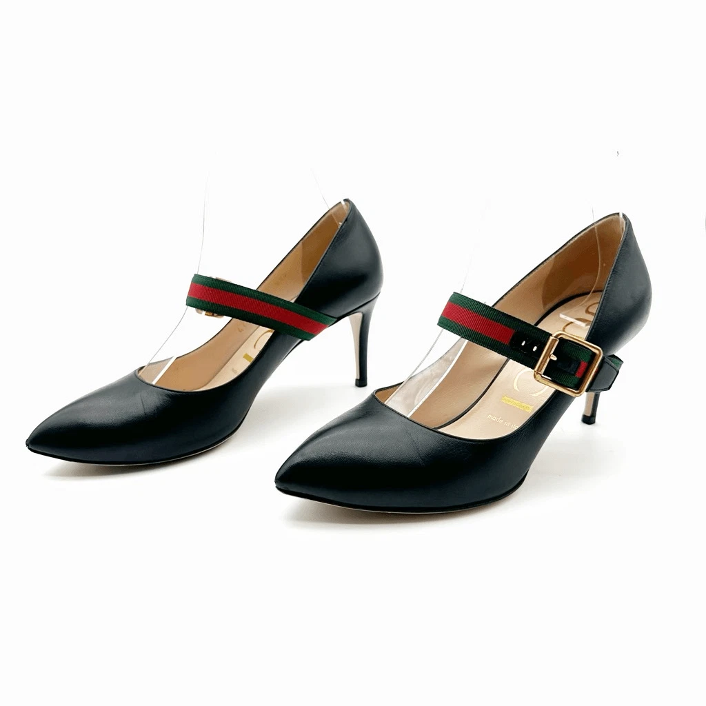 GUCCI Sylvie 黑色皮革高跟鞋 37 码 US 7 Web Mary Jane 扣带-