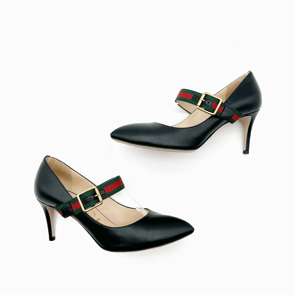 GUCCI Sylvie 黑色皮革高跟鞋 37 码 US 7 Web Mary Jane 扣带-