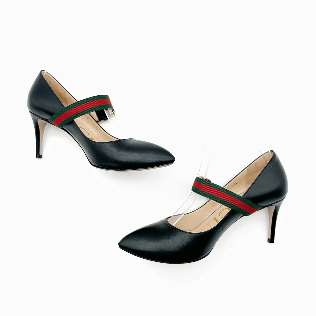 GUCCI Sylvie 黑色皮革高跟鞋 37 码 US 7 Web Mary Jane 扣带-
