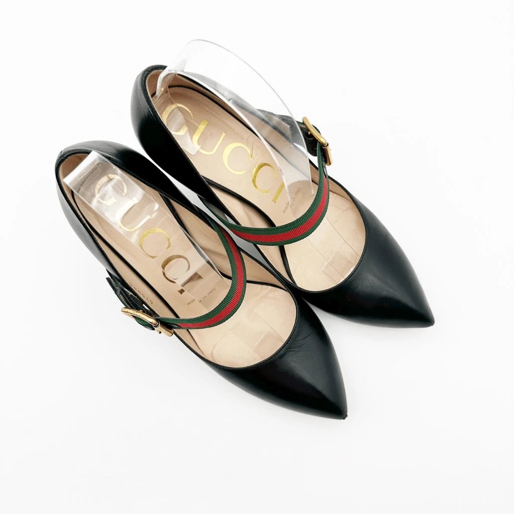 GUCCI Sylvie 黑色皮革高跟鞋 37 码 US 7 Web Mary Jane 扣带-