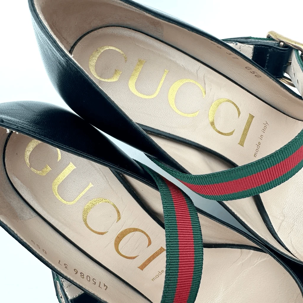 GUCCI Sylvie 黑色皮革高跟鞋 37 码 US 7 Web Mary Jane 扣带-
