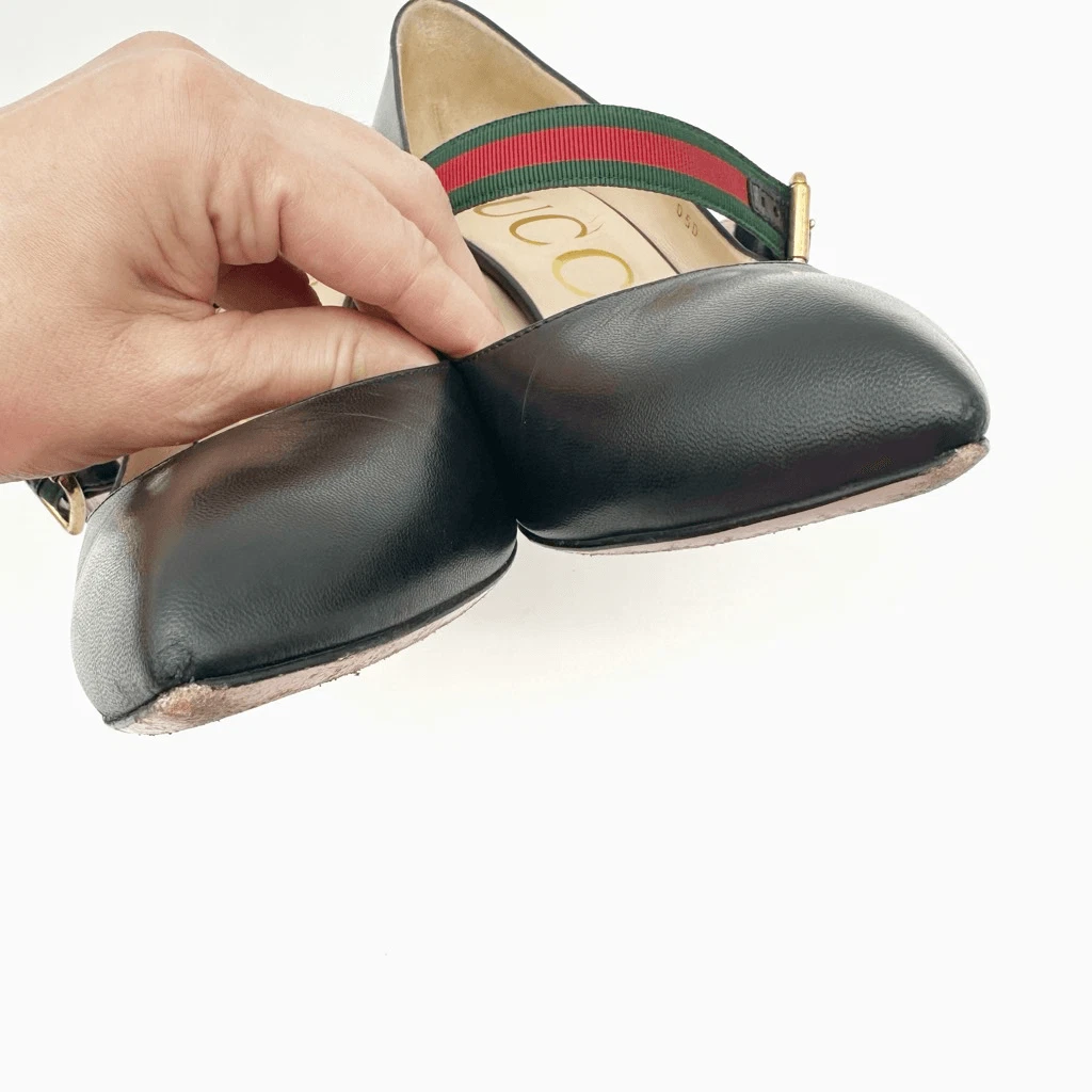 GUCCI Sylvie 黑色皮革高跟鞋 37 码 US 7 Web Mary Jane 扣带-
