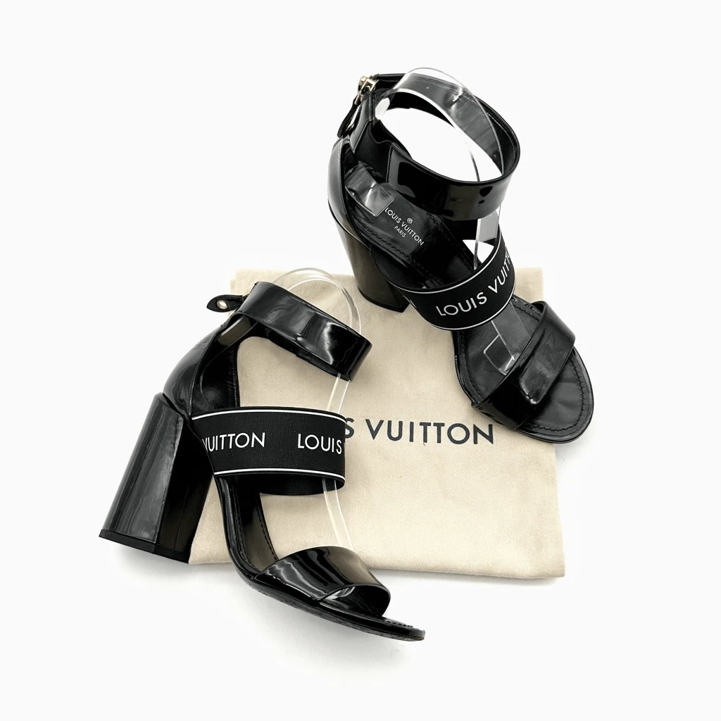 LOUIS VUITTON Trail 黑色漆皮标志凉鞋 37 码方跟-