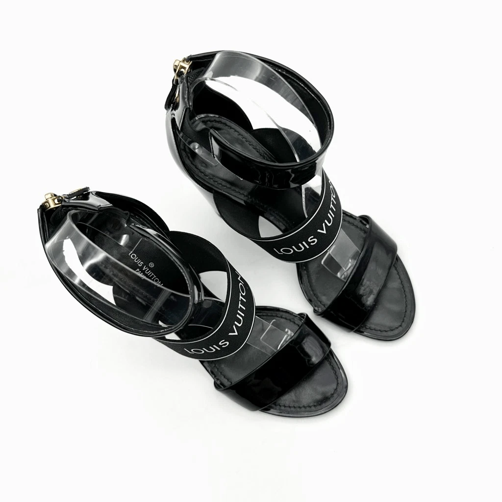 LOUIS VUITTON Trail 黑色漆皮标志凉鞋 37 码方跟-