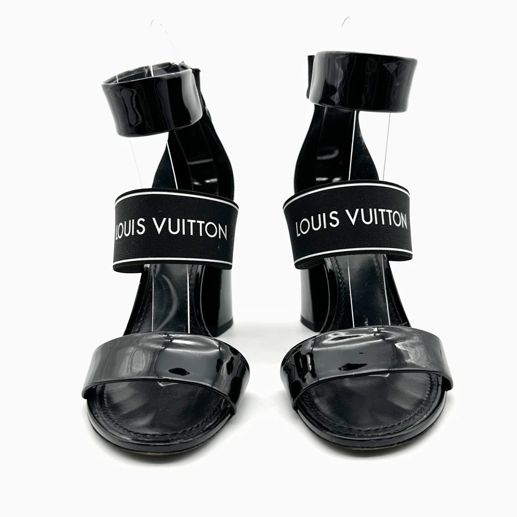 LOUIS VUITTON Trail 黑色漆皮标志凉鞋 37 码方跟-