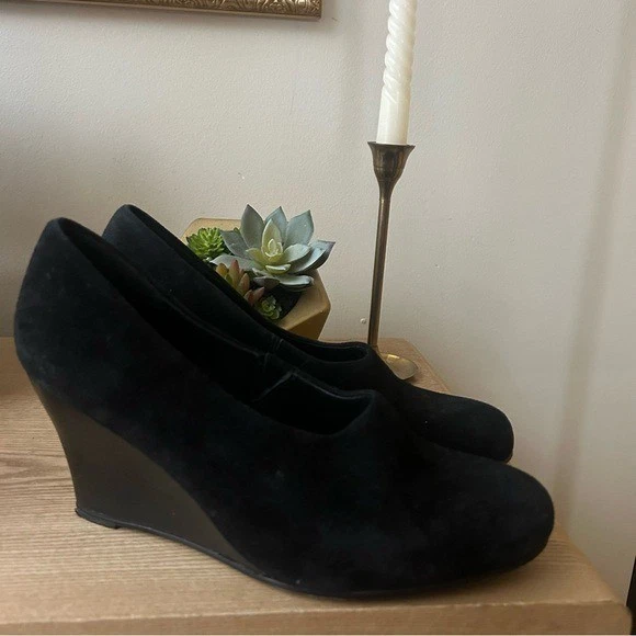 Eileen Fisher Milla 麂皮绒楔形鞋跟高跟鞋皮鞋黑色经典 7.5 码-