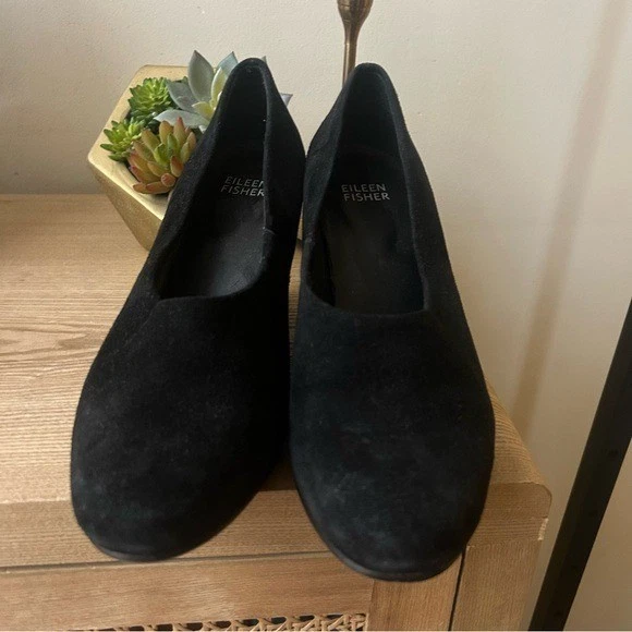 Eileen Fisher Milla 麂皮绒楔形鞋跟高跟鞋皮鞋黑色经典 7.5 码-