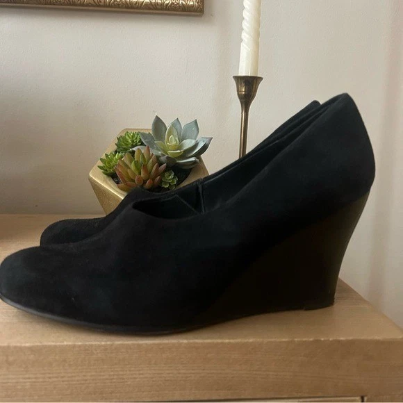 Eileen Fisher Milla 麂皮绒楔形鞋跟高跟鞋皮鞋黑色经典 7.5 码-