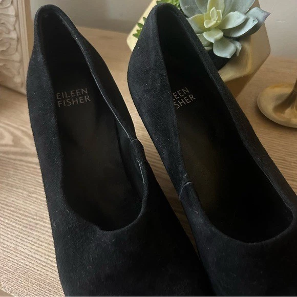 Eileen Fisher Milla 麂皮绒楔形鞋跟高跟鞋皮鞋黑色经典 7.5 码-