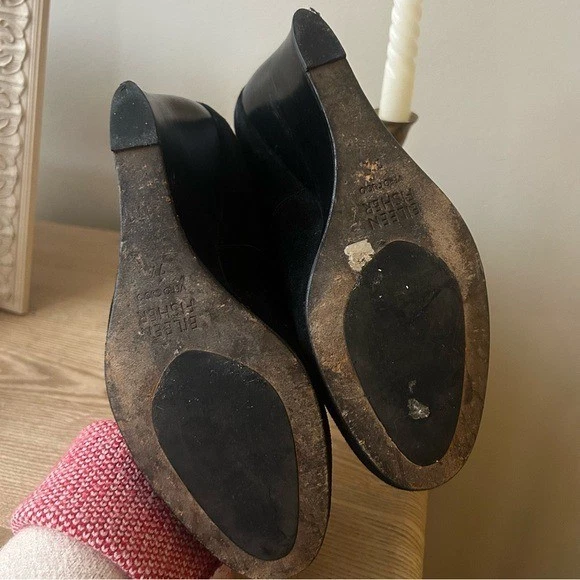 Eileen Fisher Milla 麂皮绒楔形鞋跟高跟鞋皮鞋黑色经典 7.5 码-
