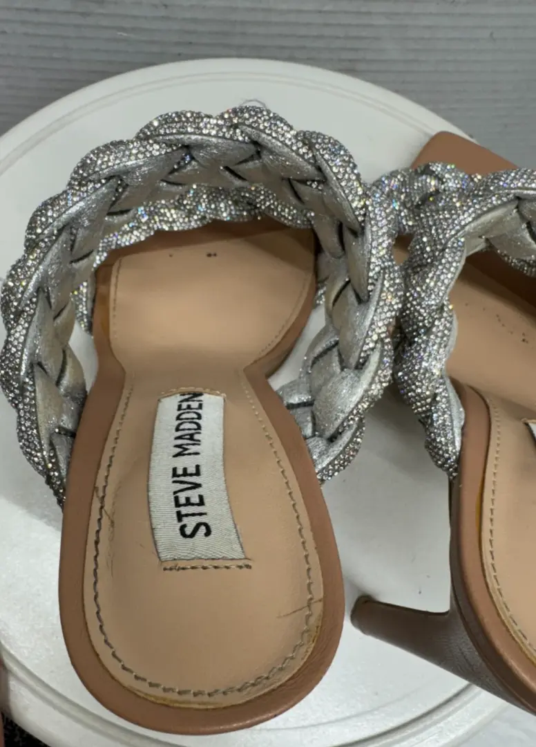 Steve Madden Kenley 银色水钻编织 4.25 高跟鞋凉鞋女式 7.5-