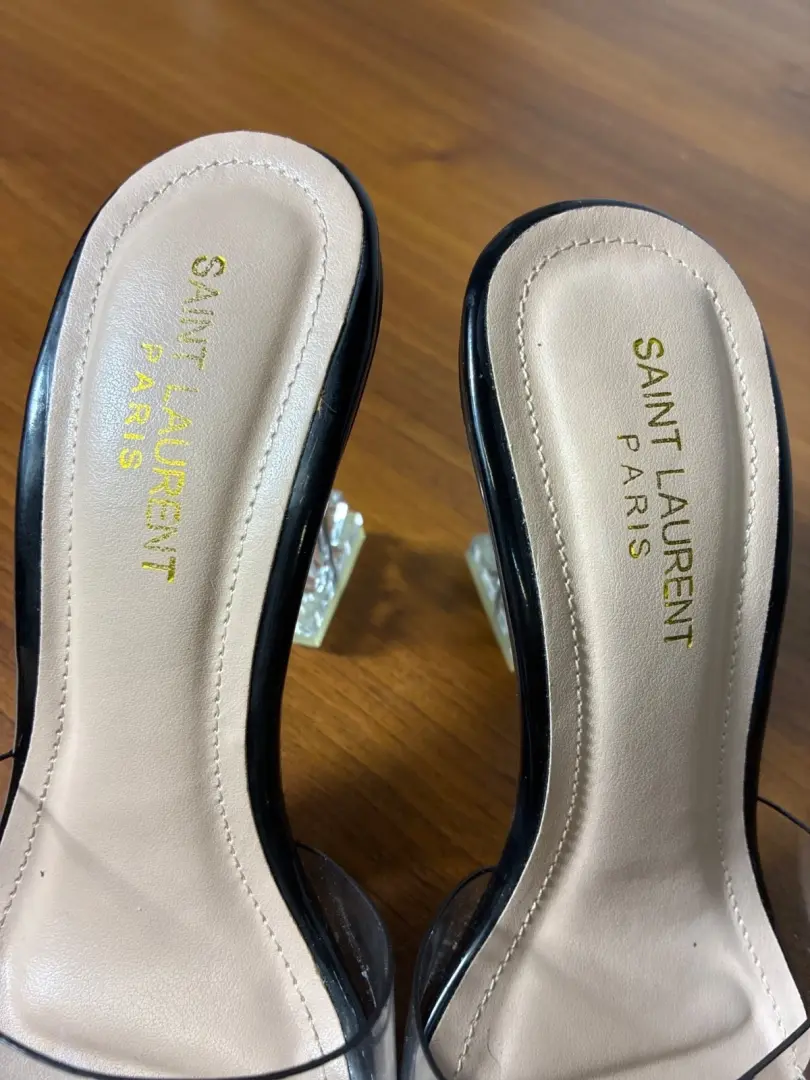 Saint Laurent 女式透明 PVC 和黑色漆皮穆勒鞋 YSL 高跟鞋尺寸-