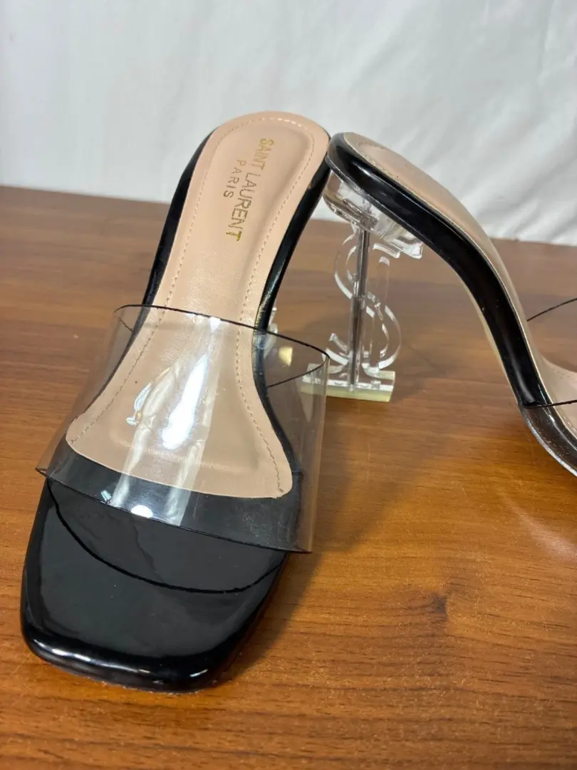 Saint Laurent 女式透明 PVC 和黑色漆皮穆勒鞋 YSL 高跟鞋尺寸-