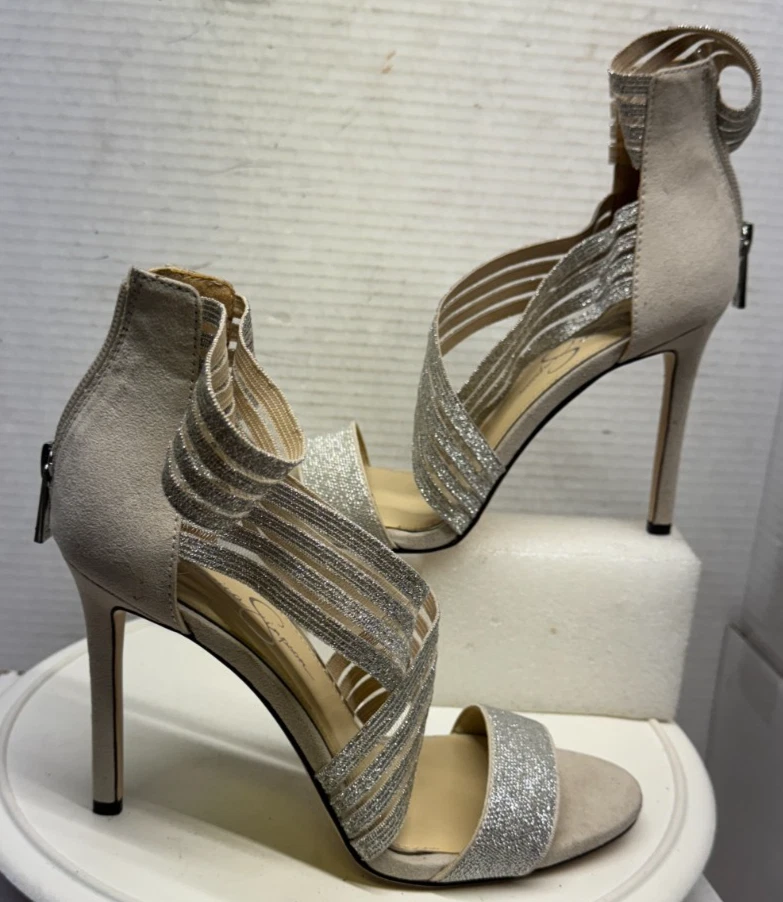 Jessica Simpson Jivero 女式 4.25 细高跟鞋凉鞋银色拉链带 7.5 38-