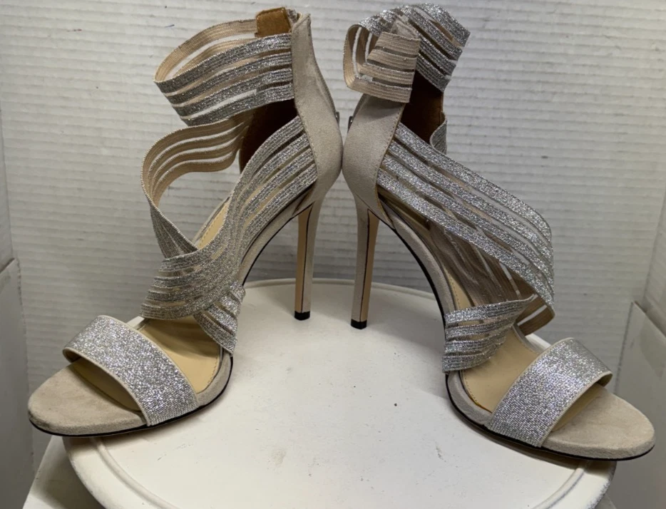 Jessica Simpson Jivero 女式 4.25 细高跟鞋凉鞋银色拉链带 7.5 38-