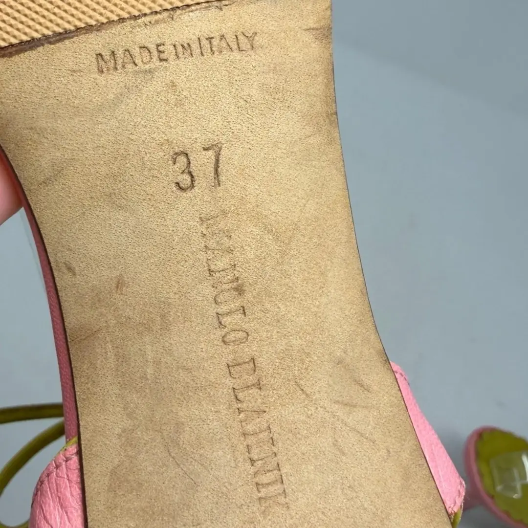 Manolo Blahnik 踝带凉鞋高跟鞋扇贝粉色黄色女式 EU 37 码-