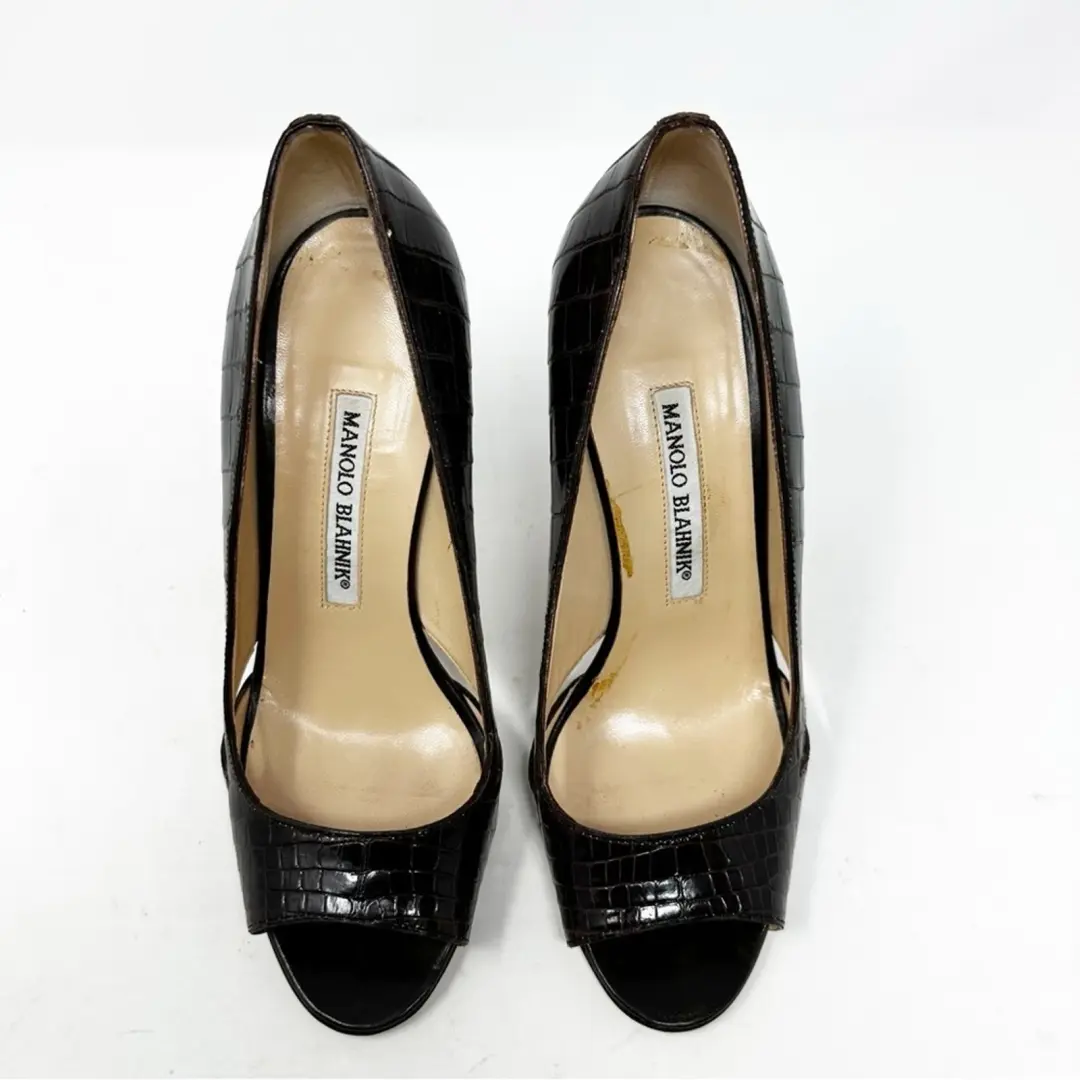 Manolo Blahnik Farinelli Croc 露趾镂空高跟鞋女式 EU 36 码-