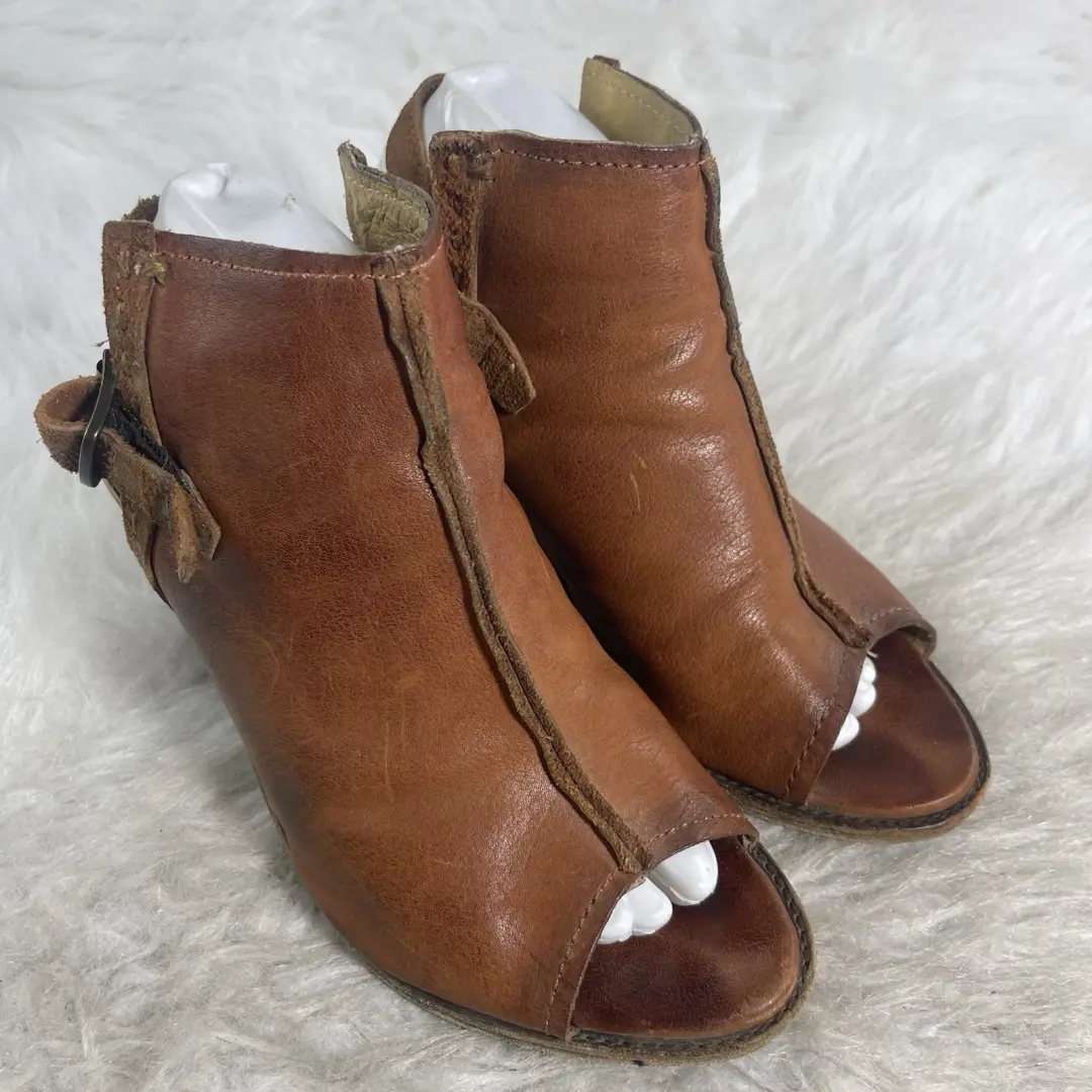 FRYE 9B 棕色皮革露趾露背短靴高跟鞋西波西米亚墨西哥-