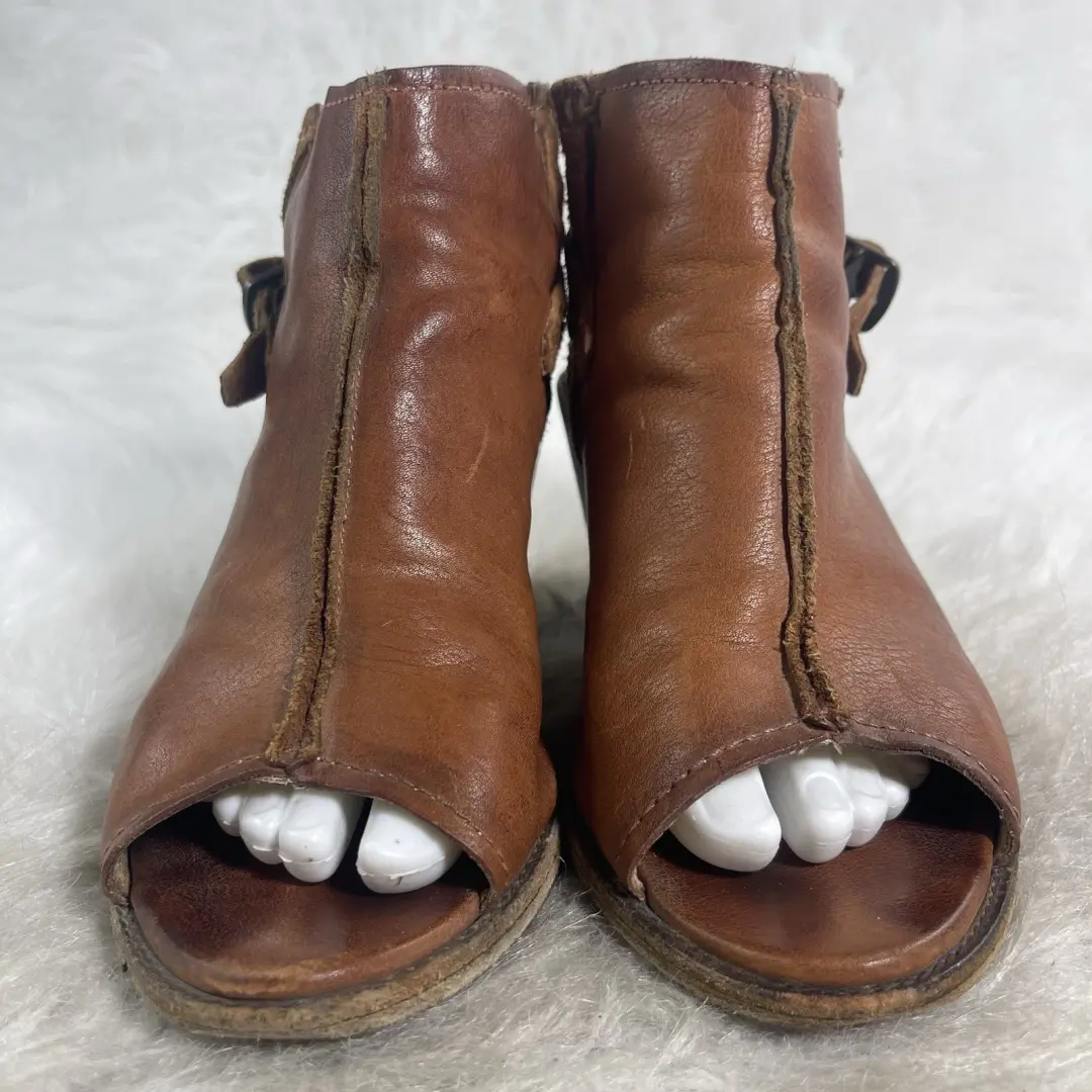 FRYE 9B 棕色皮革露趾露背短靴高跟鞋西波西米亚墨西哥-