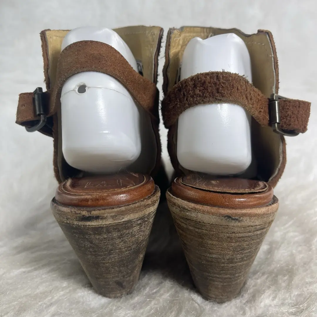 FRYE 9B 棕色皮革露趾露背短靴高跟鞋西波西米亚墨西哥-