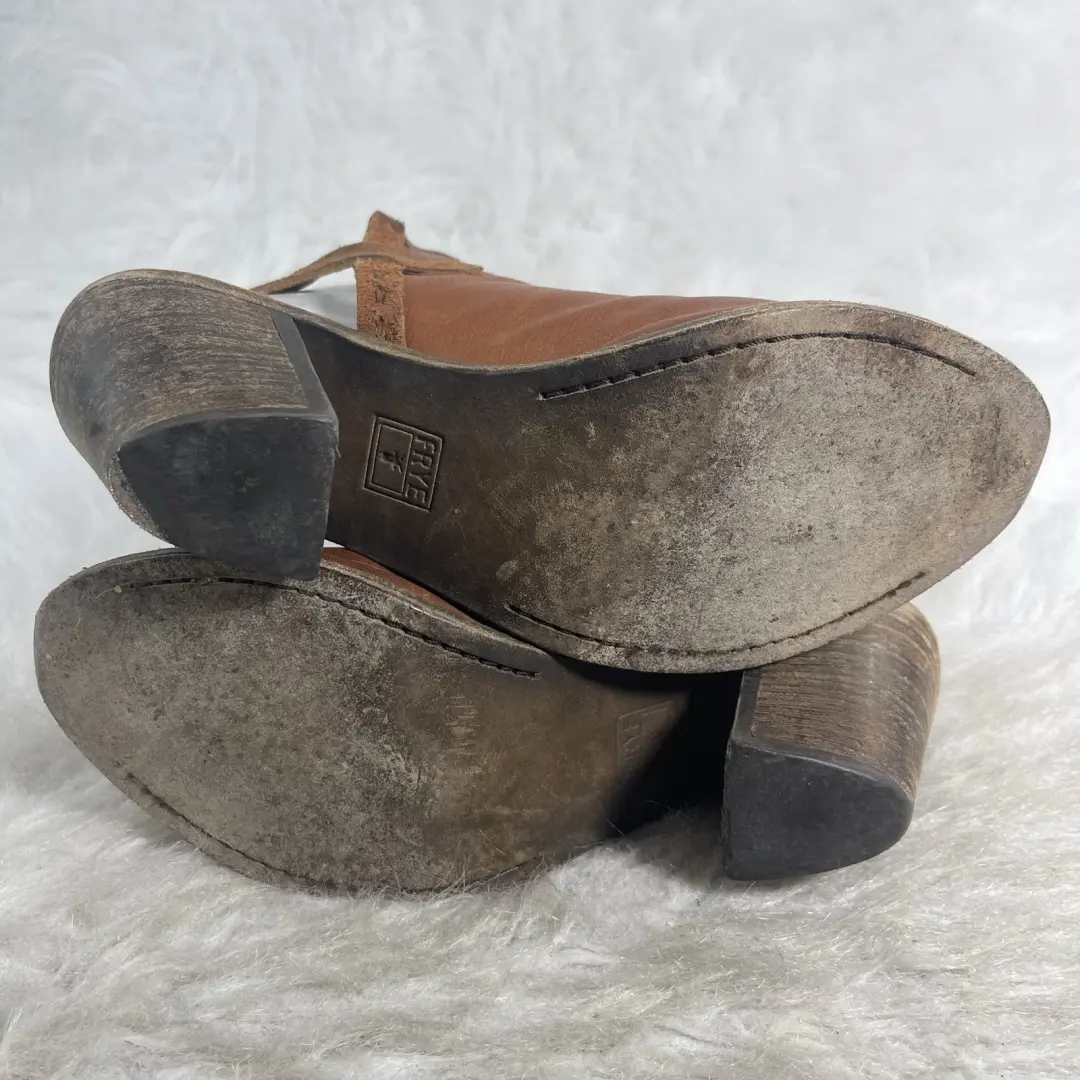 FRYE 9B 棕色皮革露趾露背短靴高跟鞋西波西米亚墨西哥-