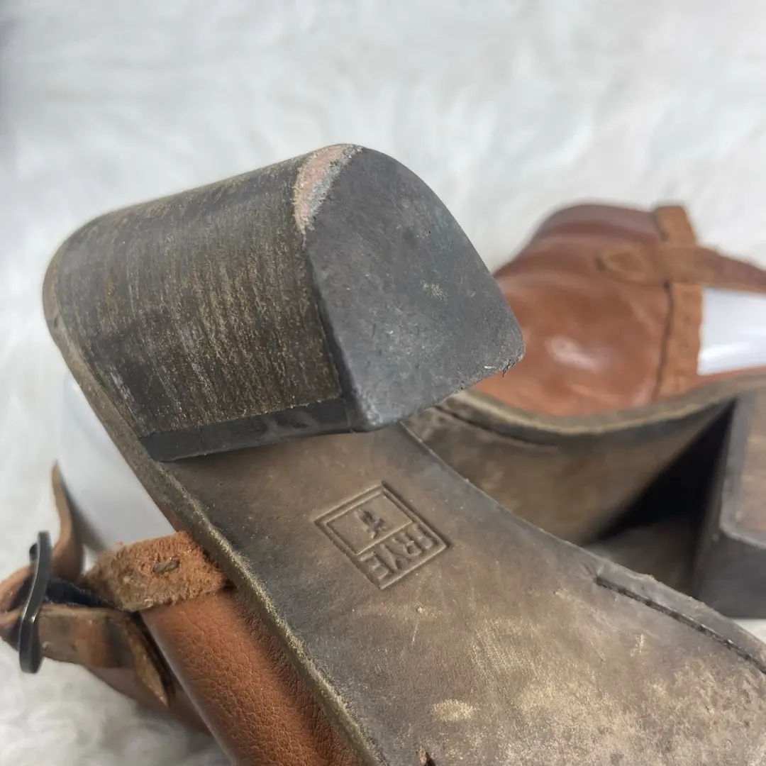 FRYE 9B 棕色皮革露趾露背短靴高跟鞋西波西米亚墨西哥-