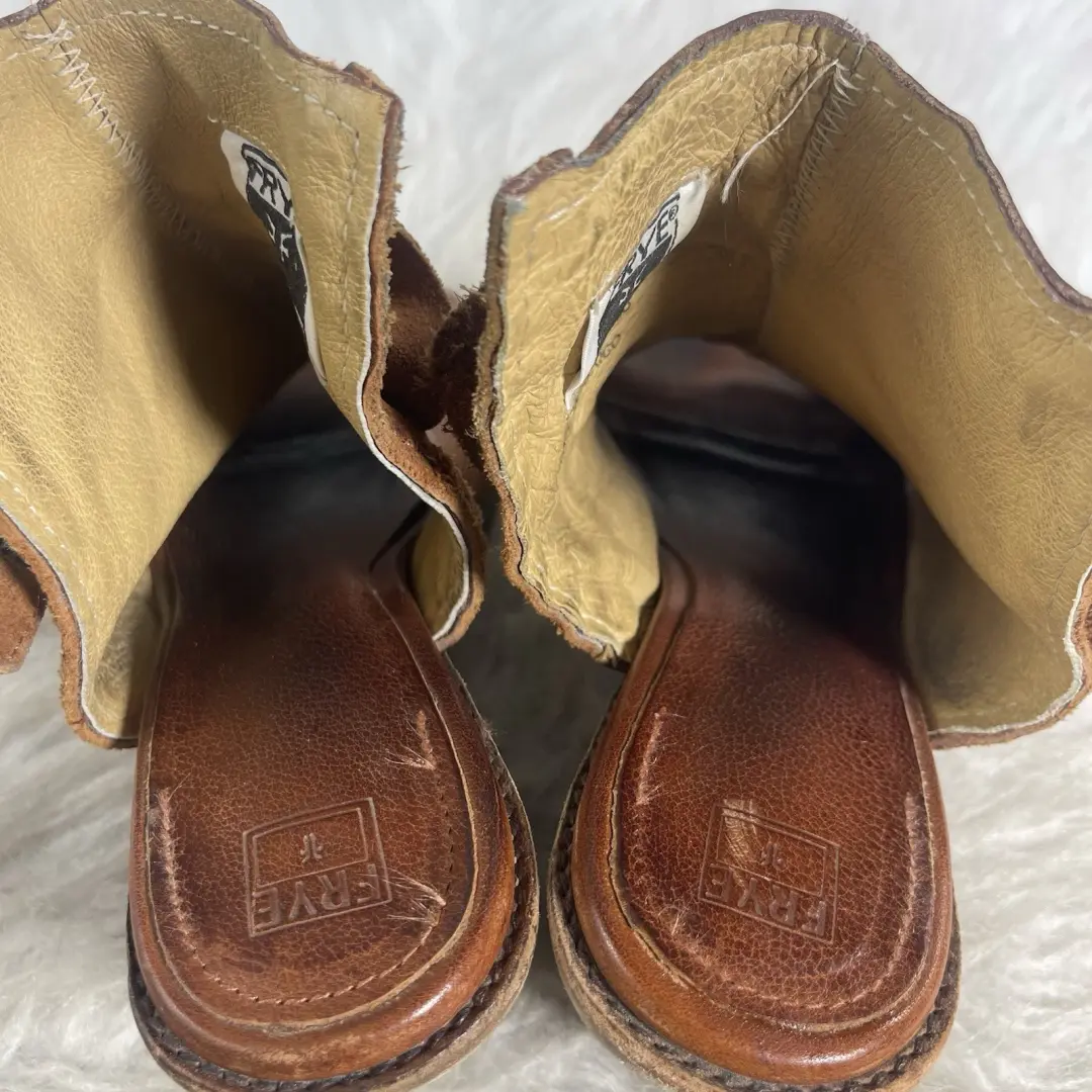 FRYE 9B 棕色皮革露趾露背短靴高跟鞋西波西米亚墨西哥-