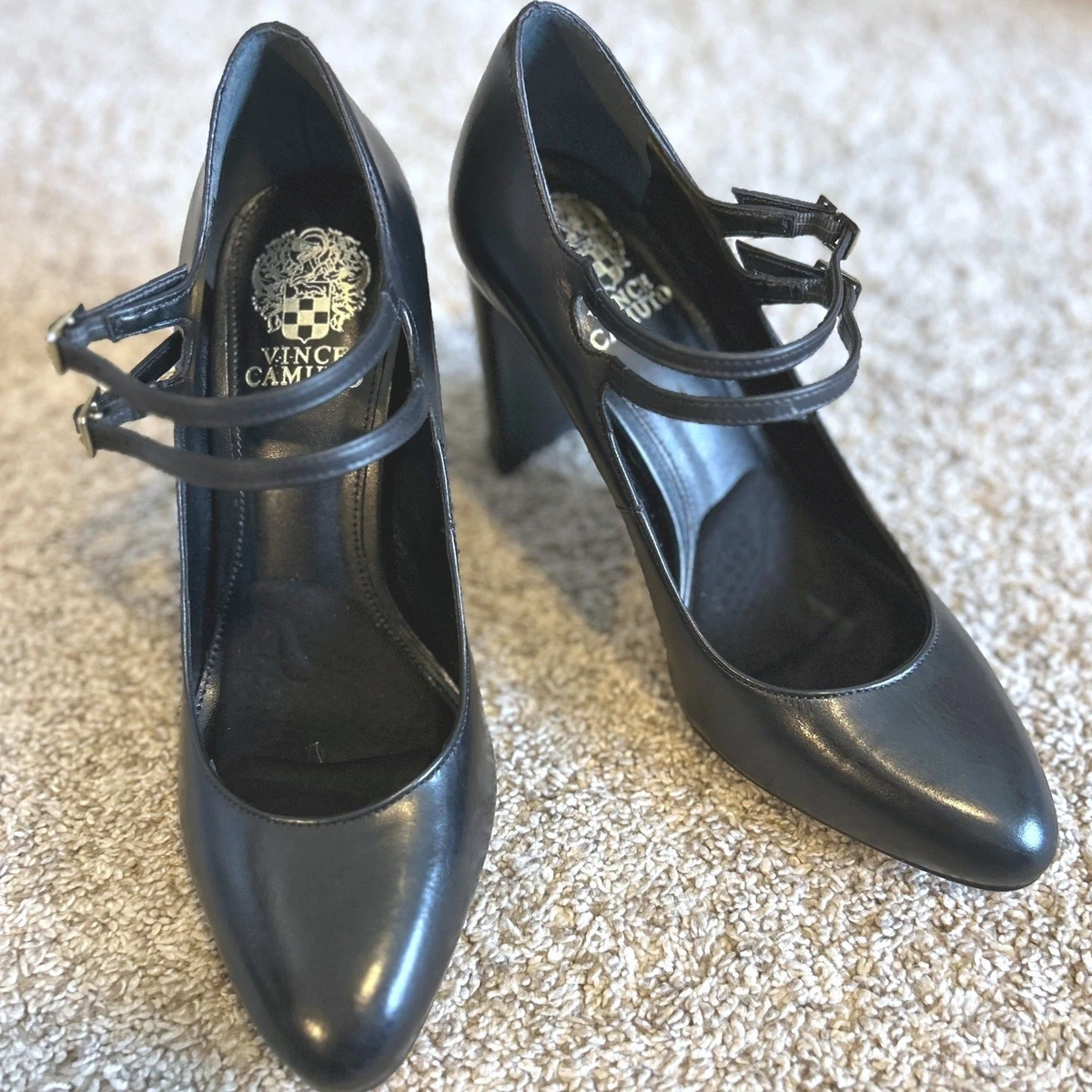 Vince Camuto Vampy 黑色皮革双肩带 Mary Jane 块跟高跟鞋 尺寸 9M-