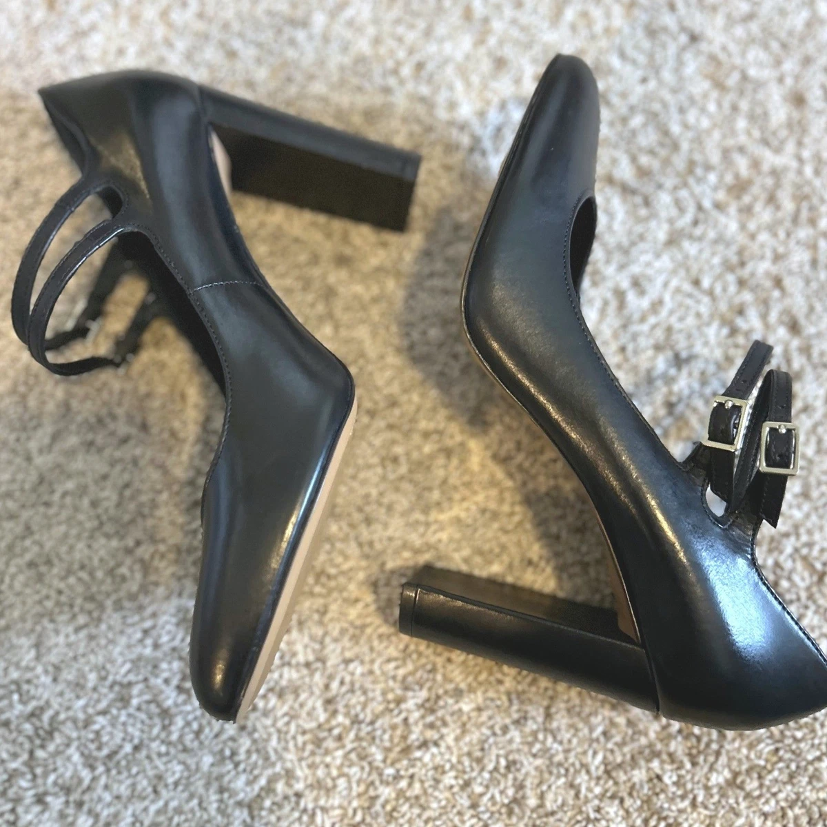 Vince Camuto Vampy 黑色皮革双肩带 Mary Jane 块跟高跟鞋 尺寸 9M-