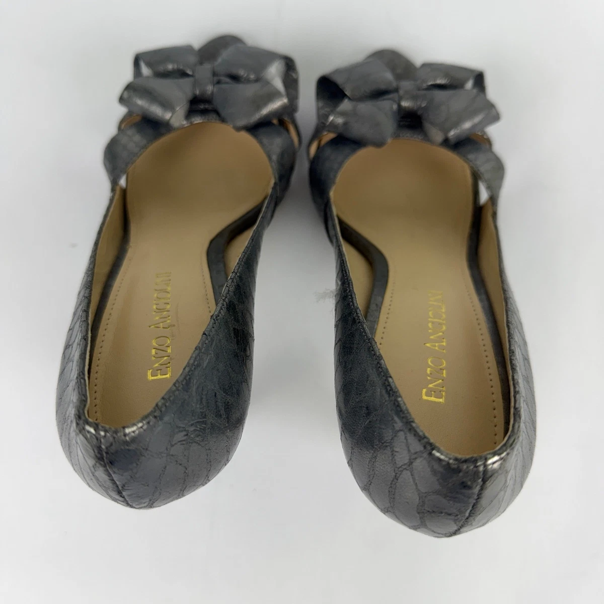 Enzo Angiolini Venezia Pewter 金属色蛇皮露趾蝴蝶结高跟鞋女式 8M-