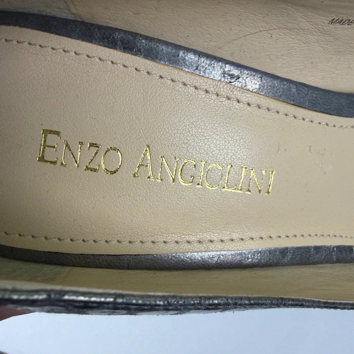 Enzo Angiolini Venezia Pewter 金属色蛇皮露趾蝴蝶结高跟鞋女式 8M-