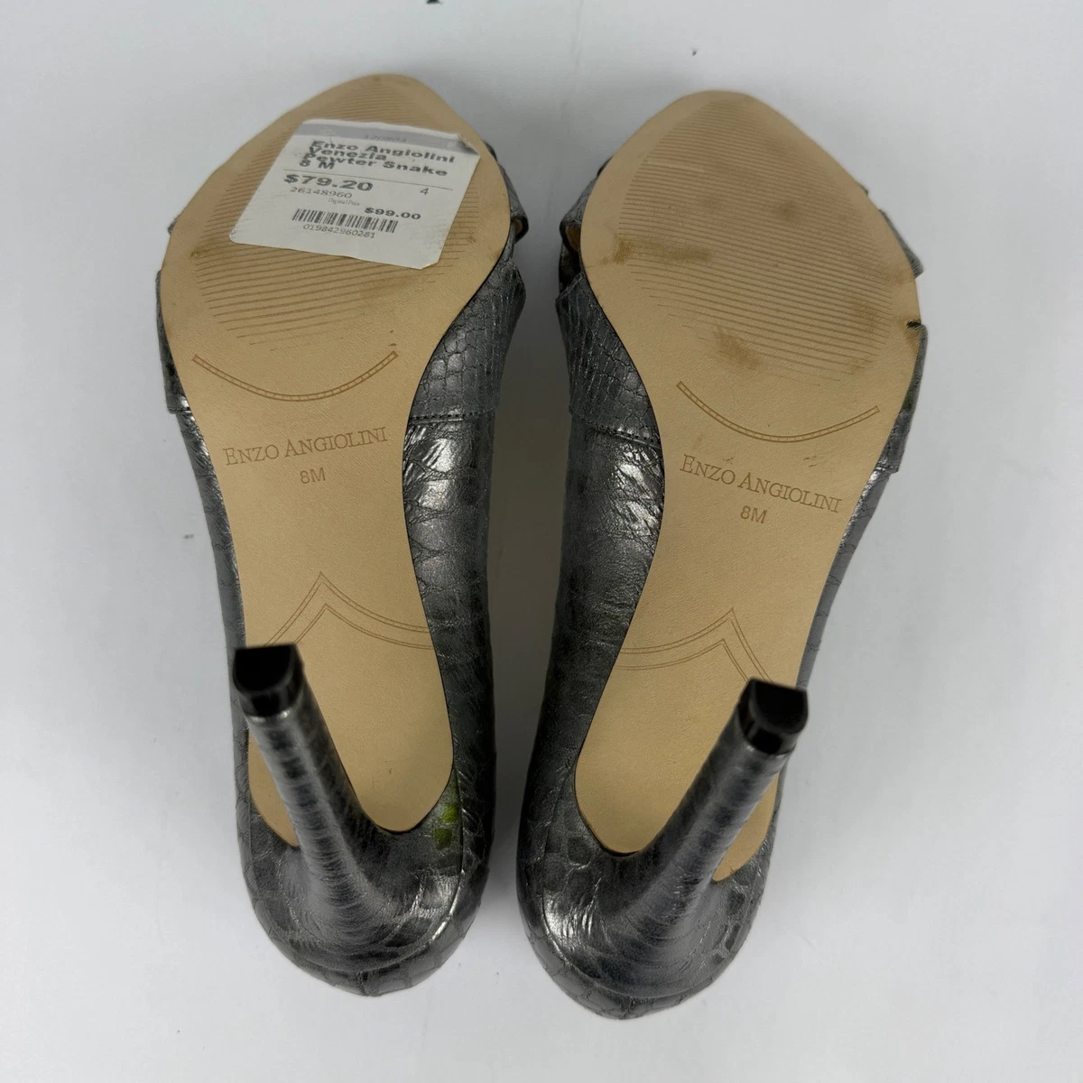Enzo Angiolini Venezia Pewter 金属色蛇皮露趾蝴蝶结高跟鞋女式 8M-