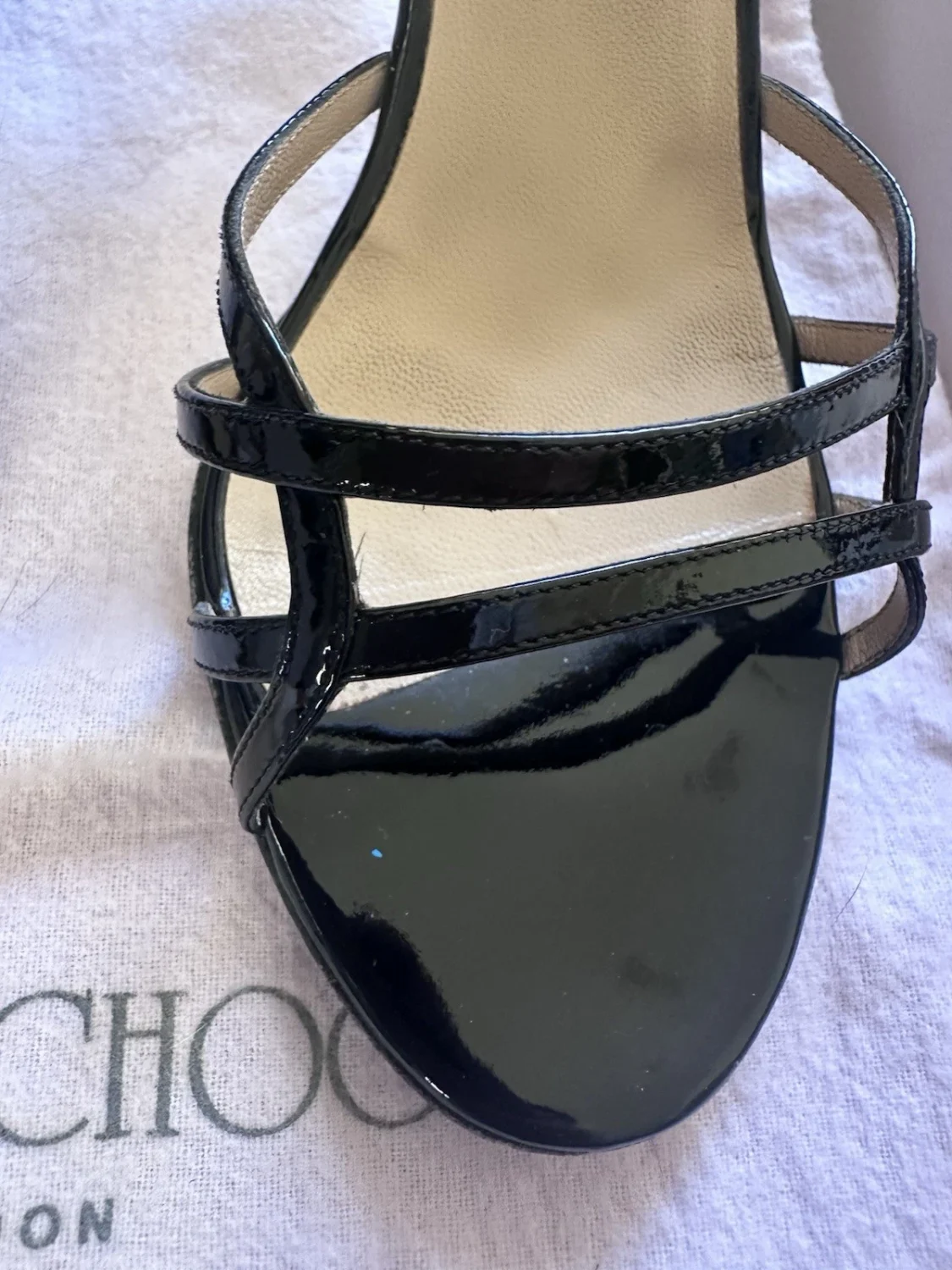 Jimmy Choo 黑色漆皮绑带高跟鞋踝带露趾 US 7.5-