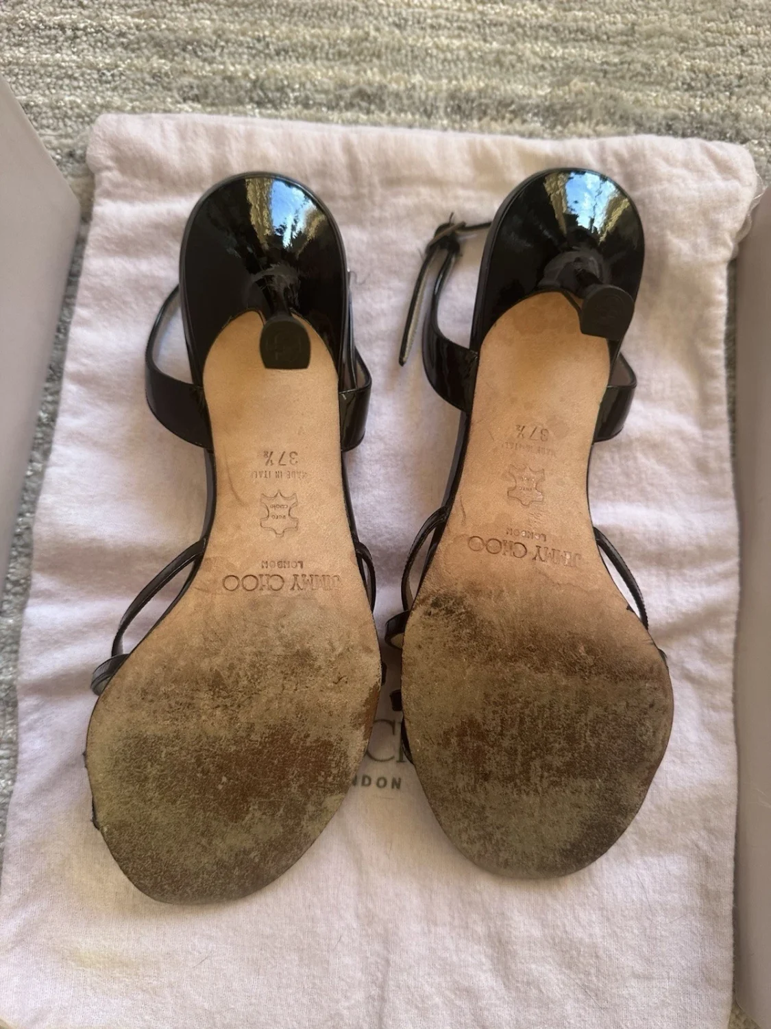Jimmy Choo 黑色漆皮绑带高跟鞋踝带露趾 US 7.5-