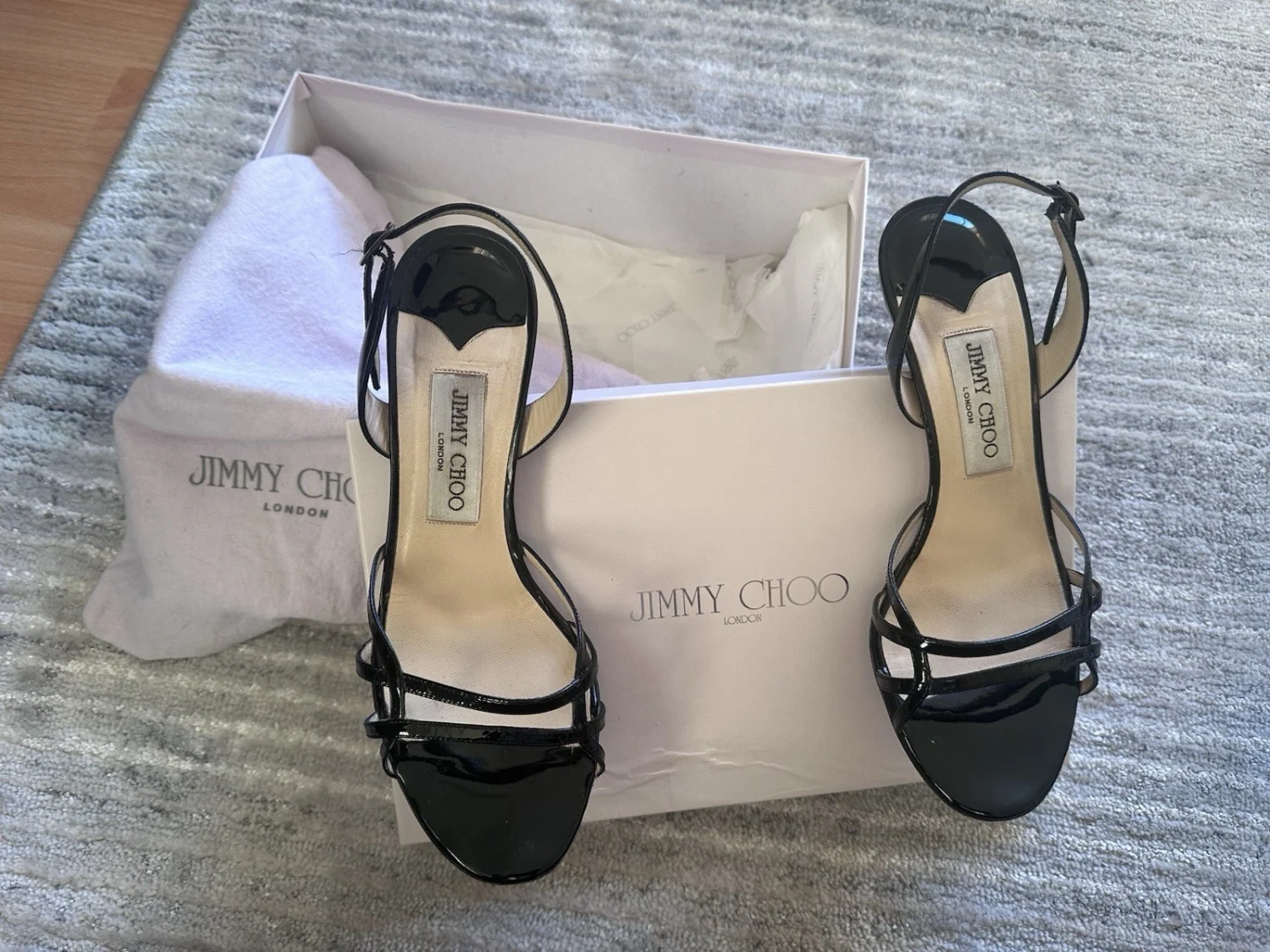 Jimmy Choo 黑色漆皮绑带高跟鞋踝带露趾 US 7.5-