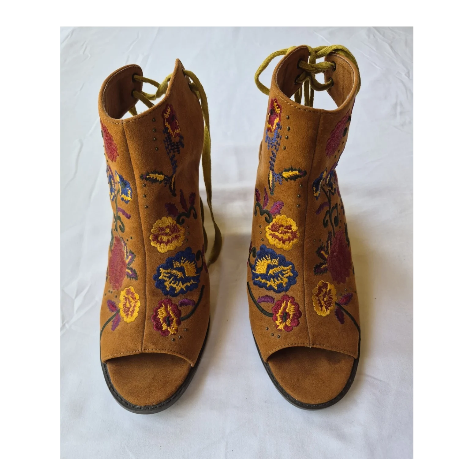 Matisse 棕色花卉刺绣系带露跟露趾 10-