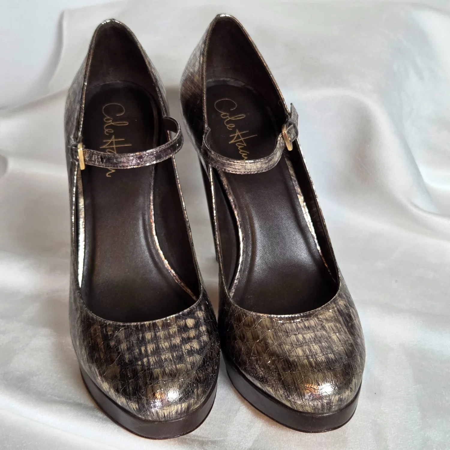 Cole Haan Mary Jane 泵金属蛇皮厚底高跟鞋锡制 9B-