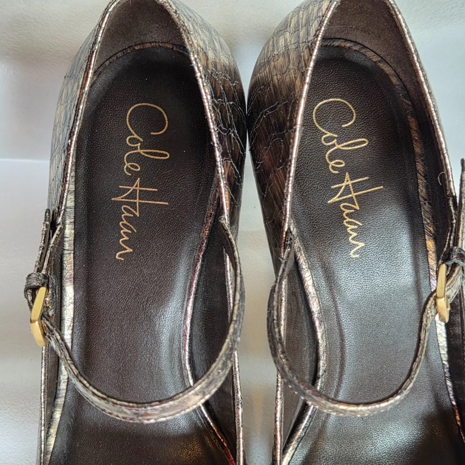 Cole Haan Mary Jane 泵金属蛇皮厚底高跟鞋锡制 9B-