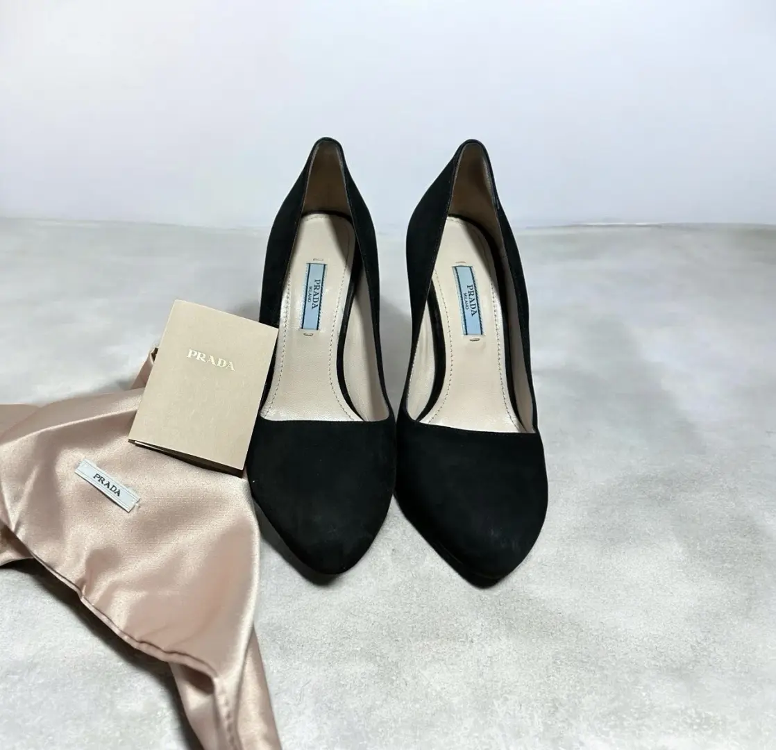 Prada 黑色麂皮绒金属高跟鞋 37.5 码 EU 带盒防尘袋卡-
