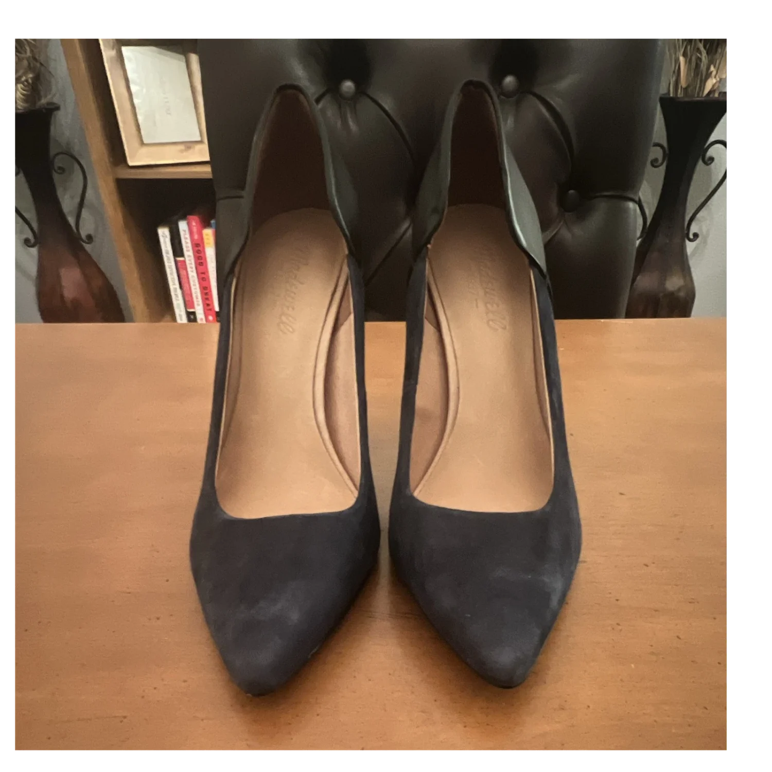 Madewell 海军蓝皮革麂皮绒尖头细高跟鞋女式 8.5 一脚蹬-