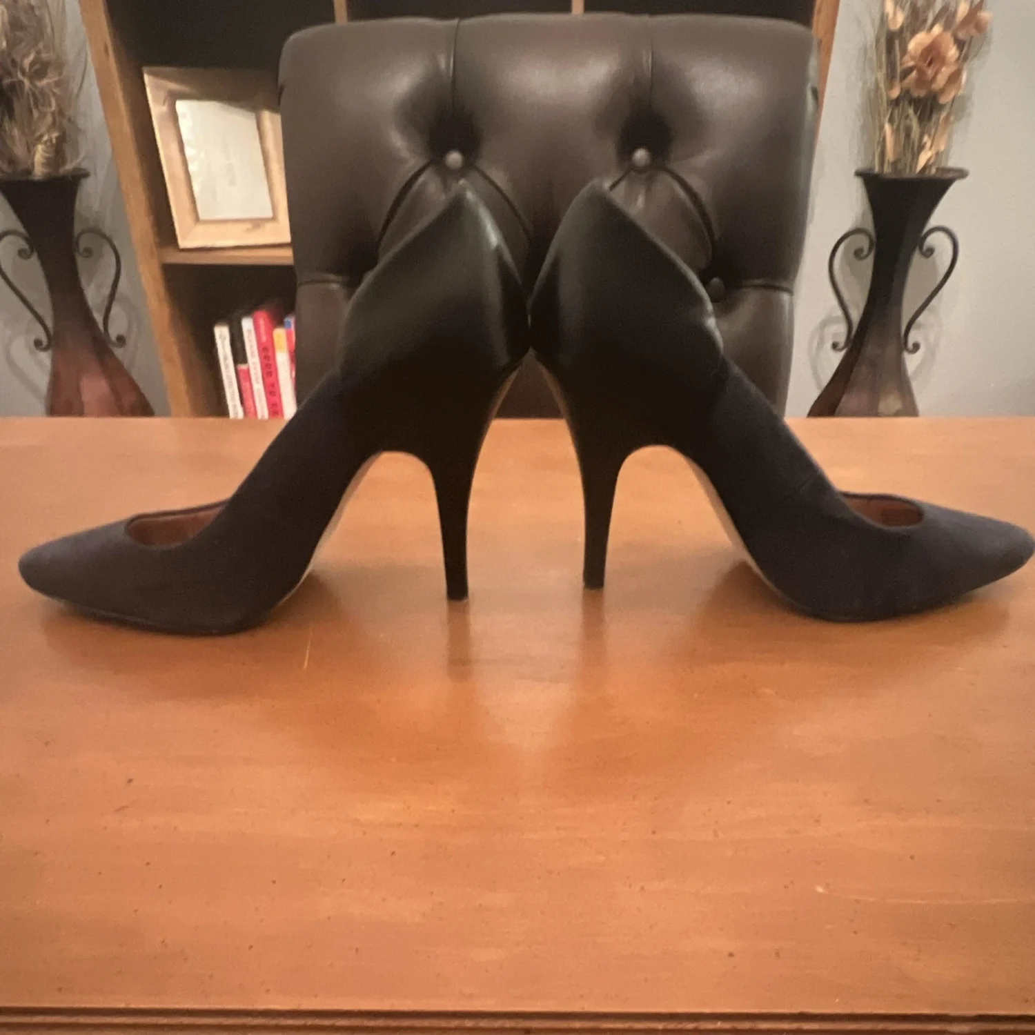 Madewell 海军蓝皮革麂皮绒尖头细高跟鞋女式 8.5 一脚蹬-
