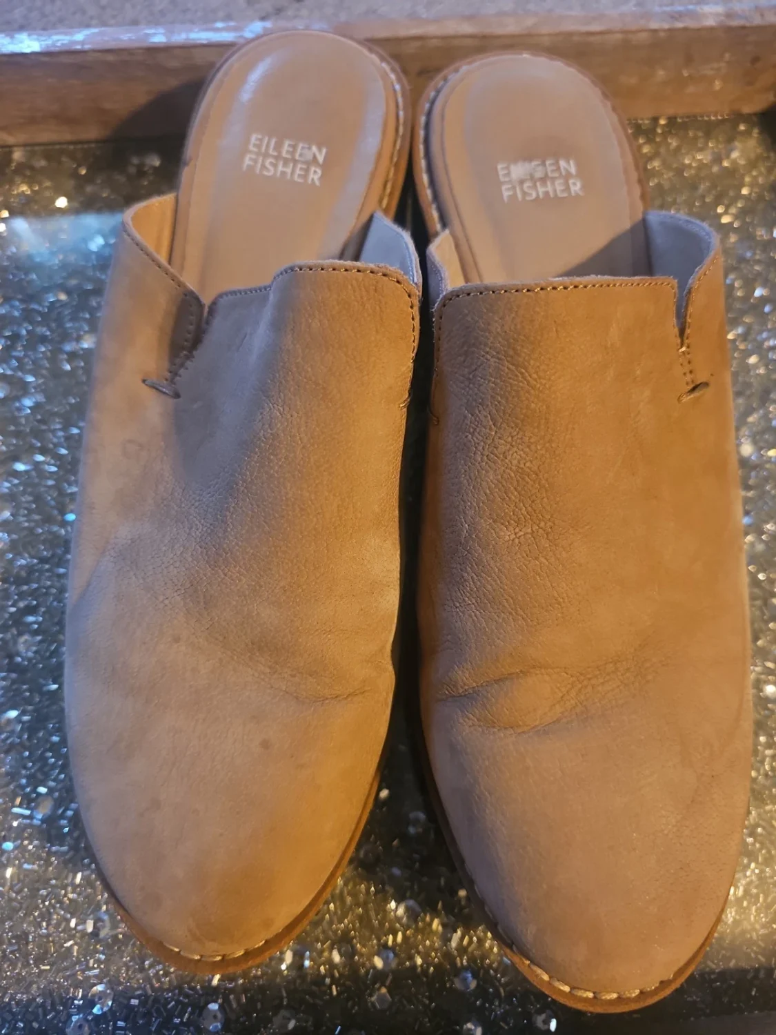 EILEEN FISHER Loti Clog 女式 8.5 棕褐色翻滚磨砂皮革楔形骡子拖鞋-