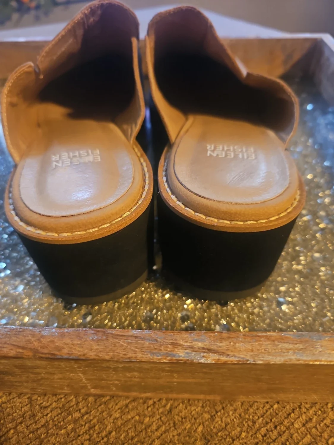 EILEEN FISHER Loti Clog 女式 8.5 棕褐色翻滚磨砂皮革楔形骡子拖鞋-
