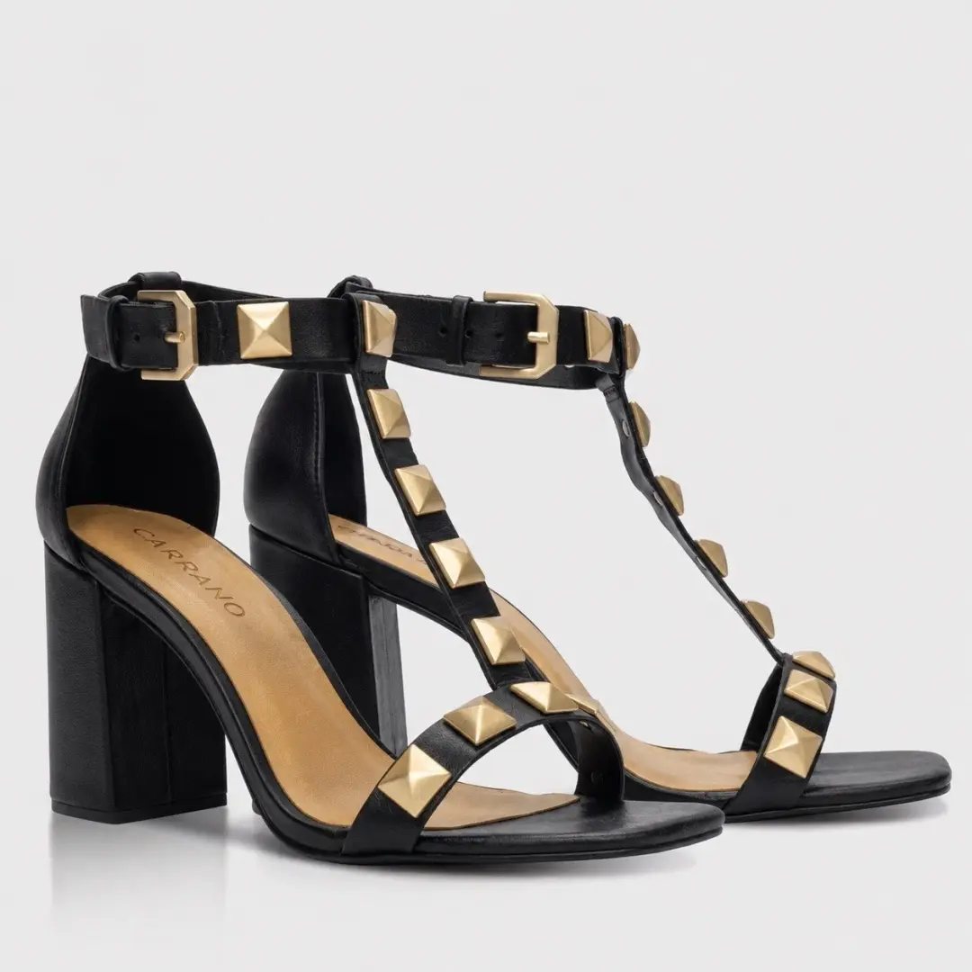 Carrano 黑色皮革铆钉踝带高跟鞋 Valentino Inspired Brazil 尺寸 8-