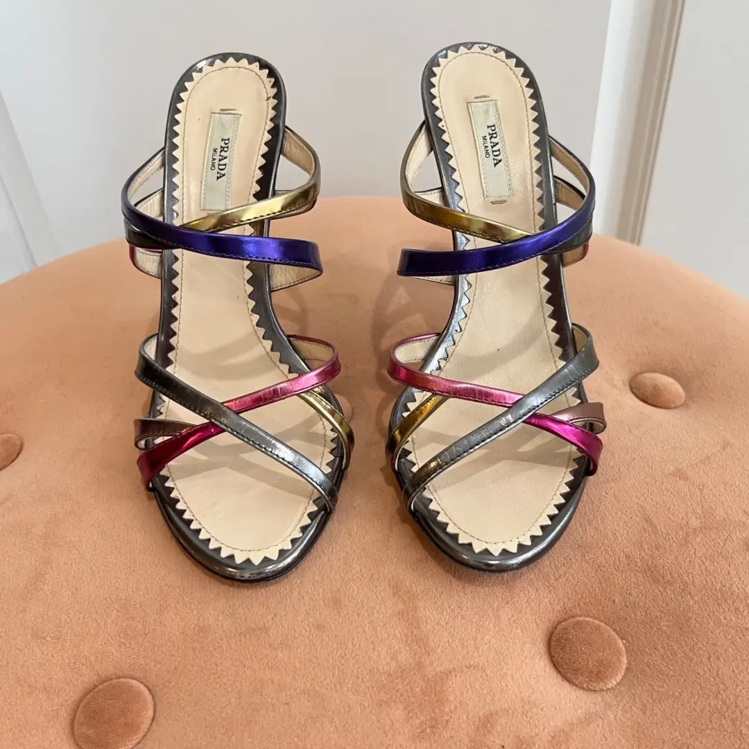 Prada 金属色绑带高跟鞋带盒 36.5 粉色紫色银色金色皮革凉鞋-