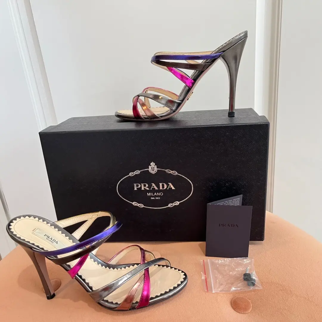 Prada 金属色绑带高跟鞋带盒 36.5 粉色紫色银色金色皮革凉鞋-