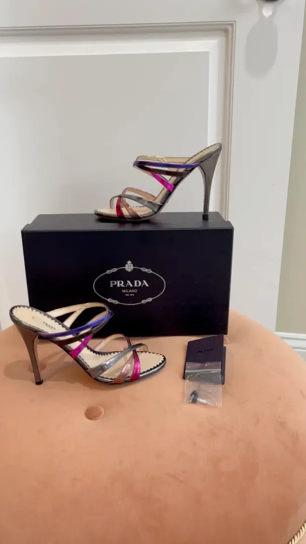 Prada 金属色绑带高跟鞋带盒 36.5 粉色紫色银色金色皮革凉鞋-