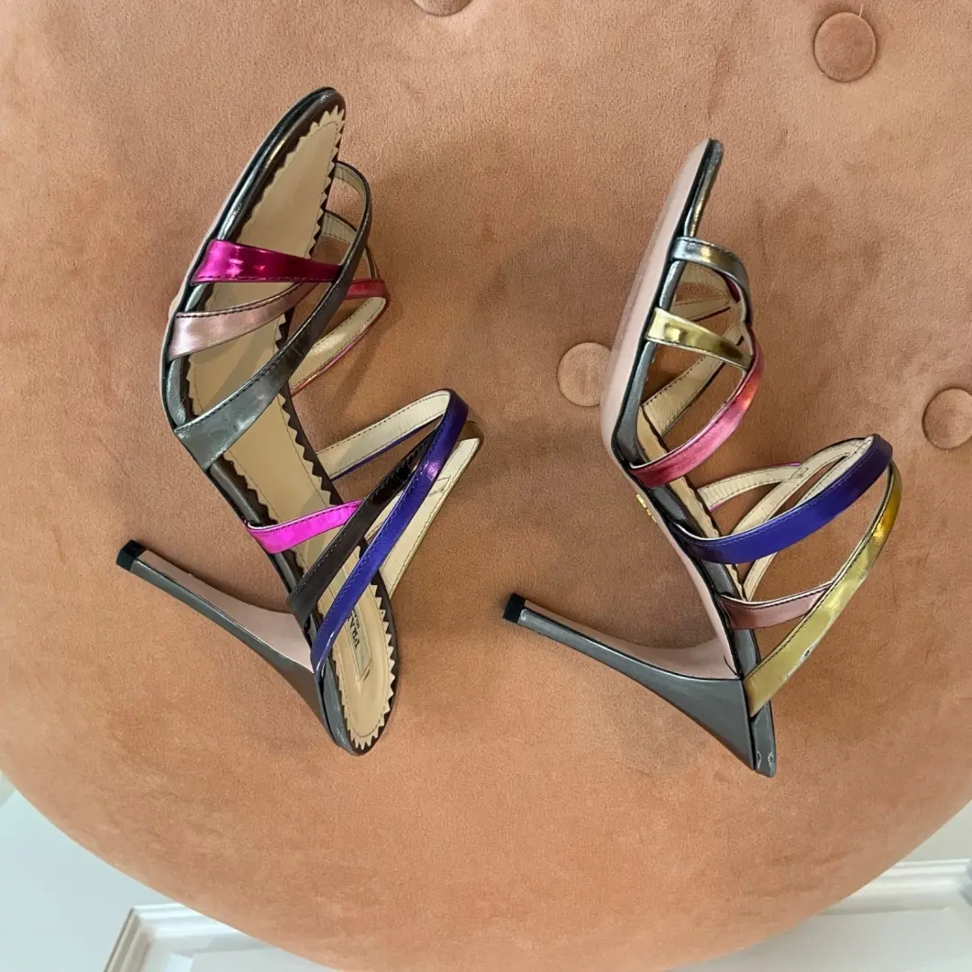 Prada 金属色绑带高跟鞋带盒 36.5 粉色紫色银色金色皮革凉鞋-