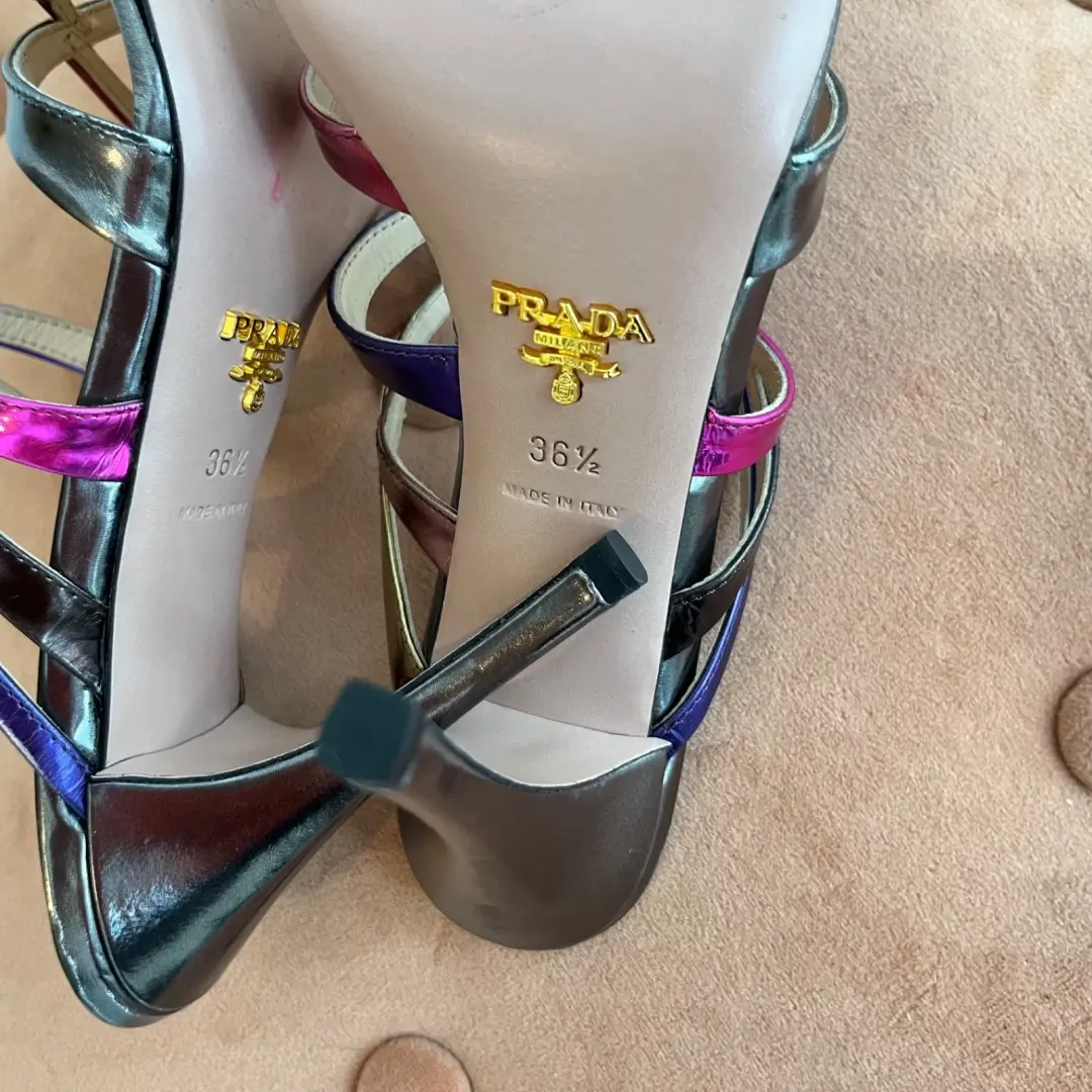 Prada 金属色绑带高跟鞋带盒 36.5 粉色紫色银色金色皮革凉鞋-